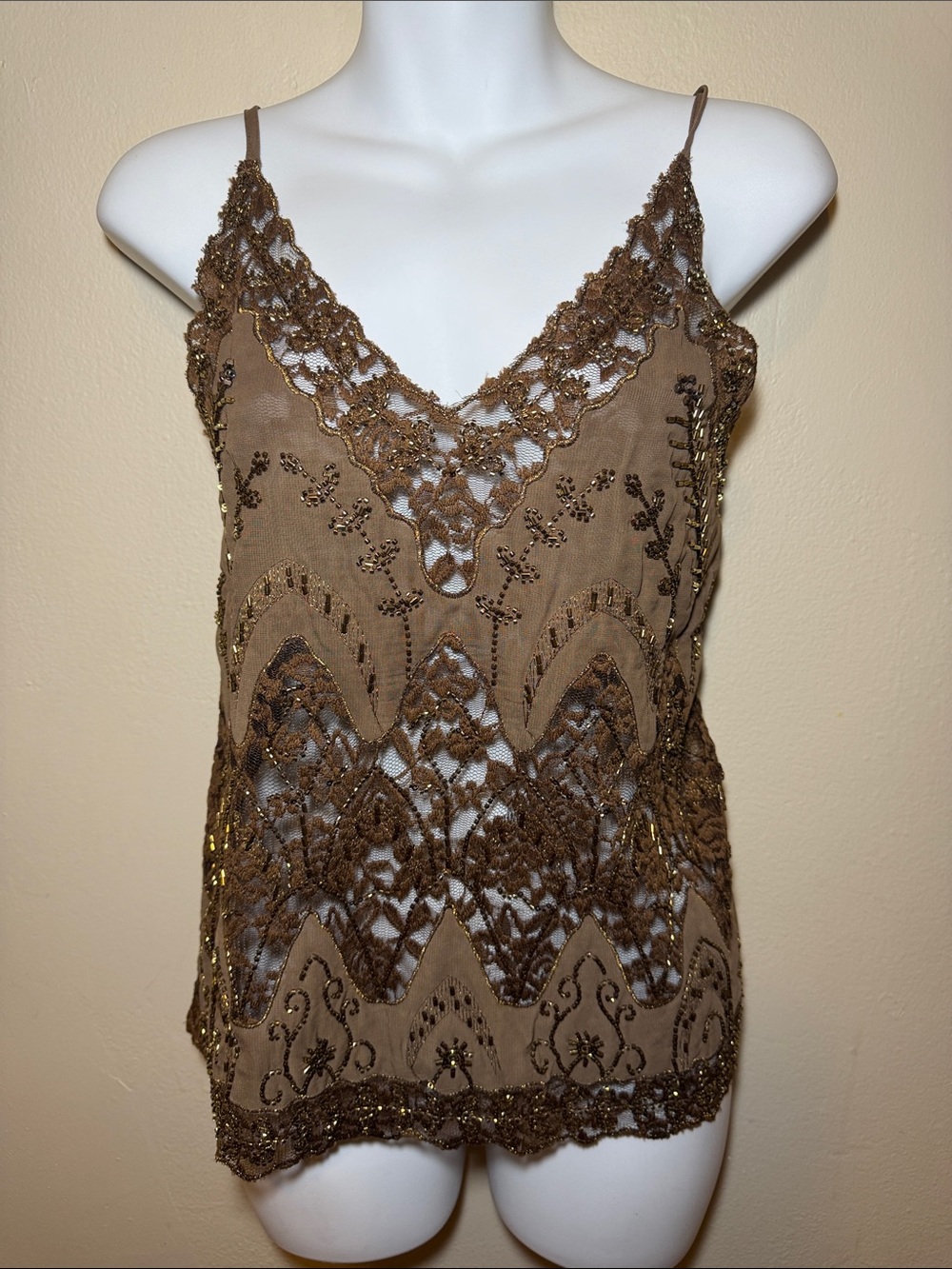 Embellished Brown Lace V-Neck Cami Top
